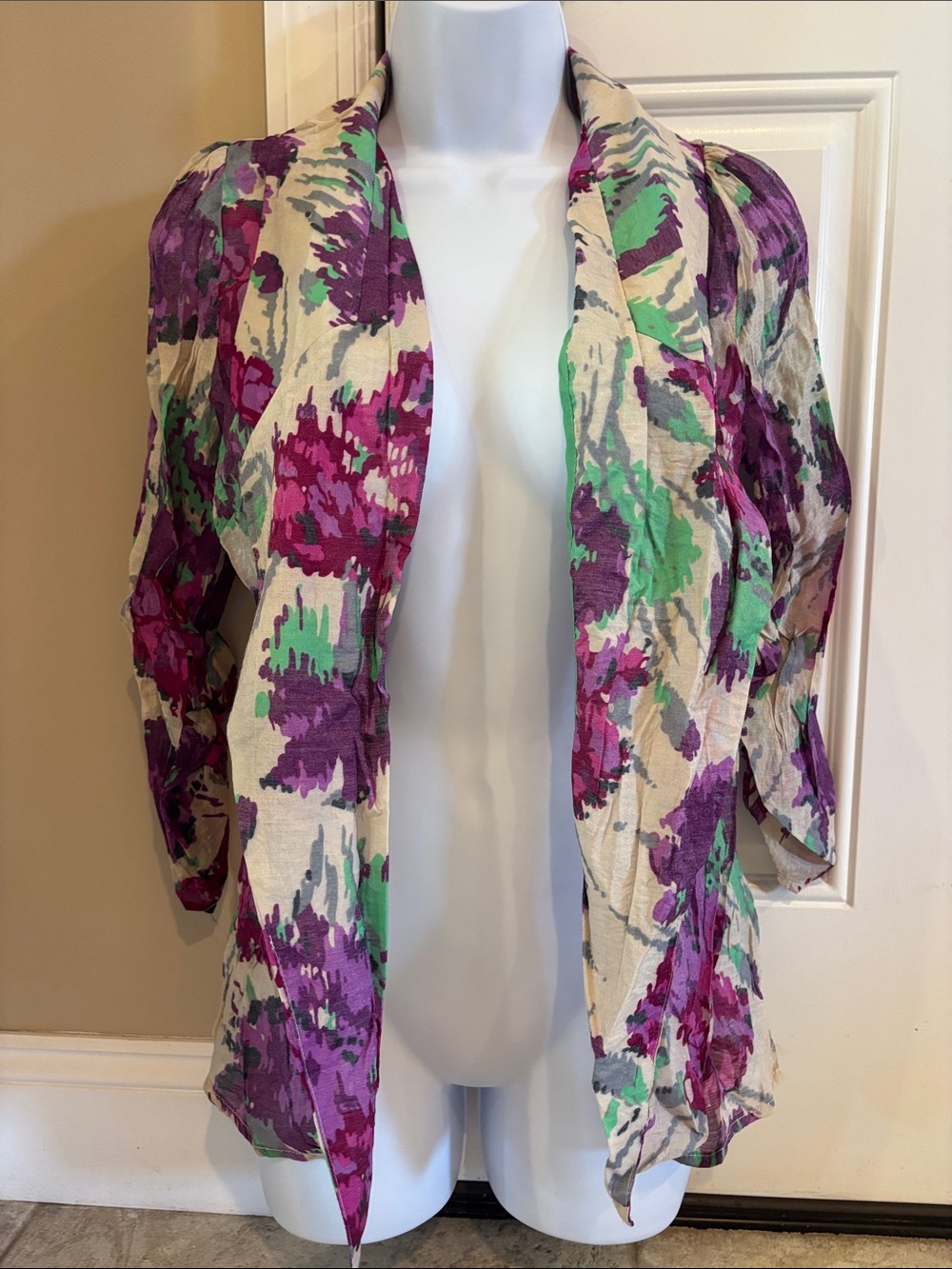 Ark & Co Cream Open-Front Cardigan with Purple & Green Floral Print
